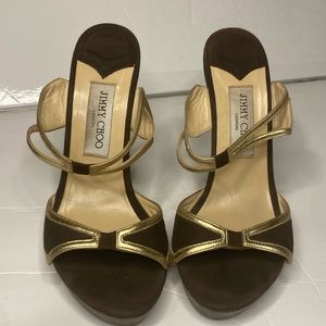 Jimmy Choo brown gold wooden heel slip on size US 8 Italy 38